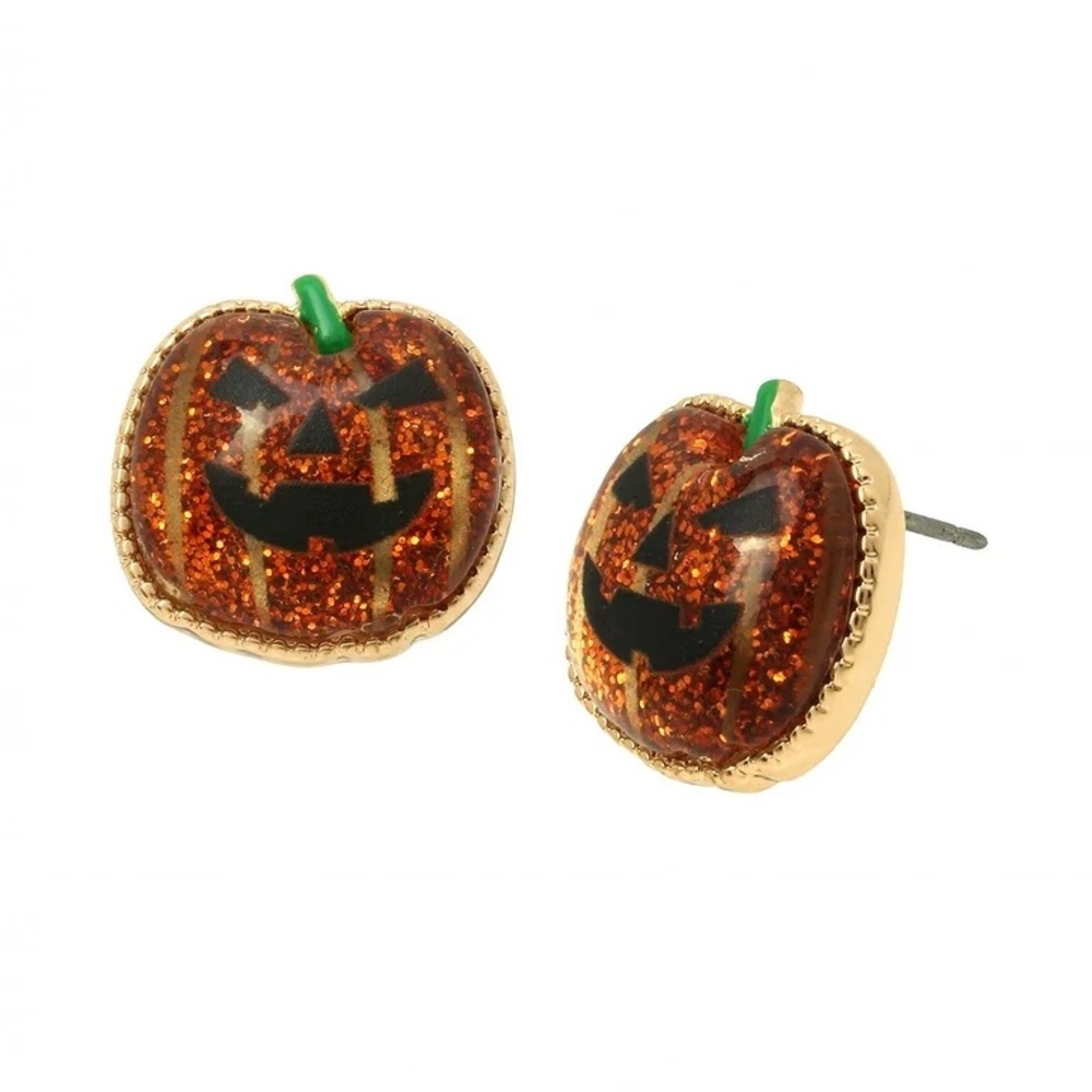 BETSY JOHNSON Halloween Jack-O-Lantern Pumpkin Face Orange Black Stud Earrings - Picture 10 of 13